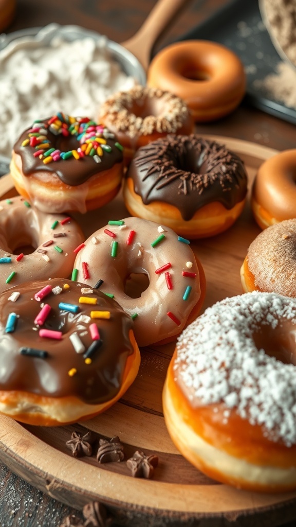 An assortment of colorful donuts with sprinkles, chocolate glaze, and powdered sugar on a wooden platter.